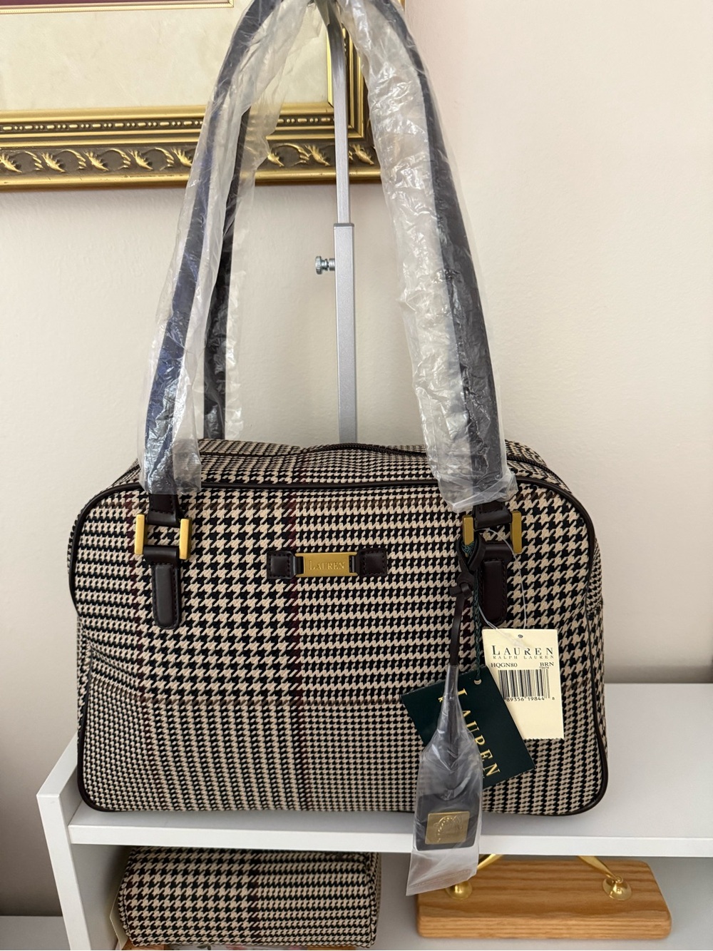 Vintage Ralph Lauren Houndstooth Satchel in Black & Cream with Brown Trim. NWT